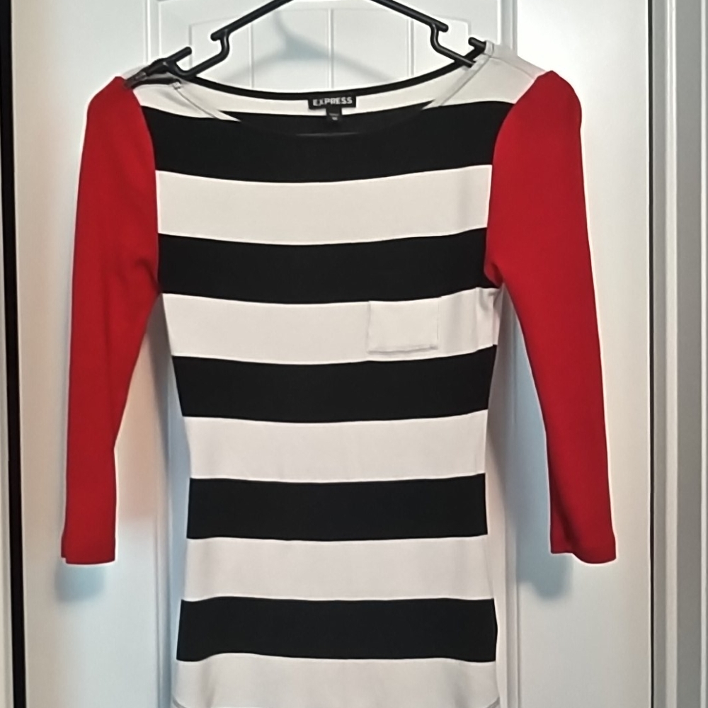 Express top. XS.  Black white strips.  Red sleeves